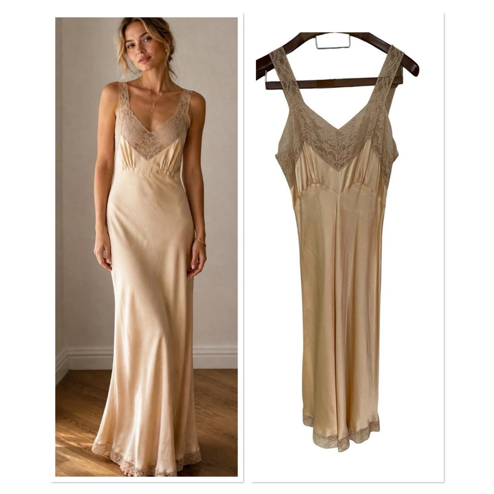 Vintage Heavenly Silk Lingerie by Fischer Silk Lace Nightgown Slip Dress Gold 36